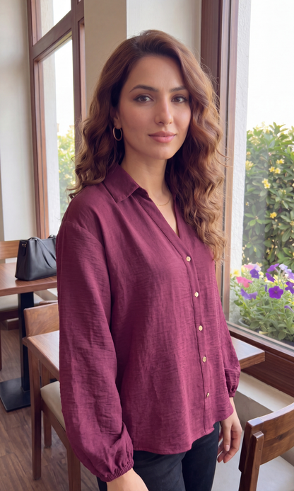 Wine Metallic Buttoned Balloon Sleeved Shirt