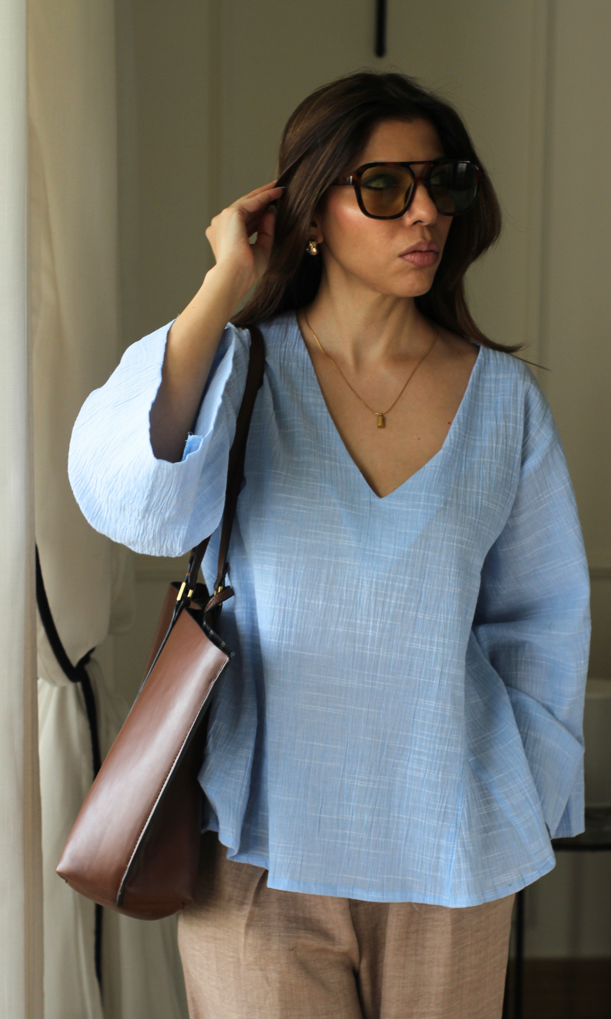 Powder Blue Textured V-Neck Top