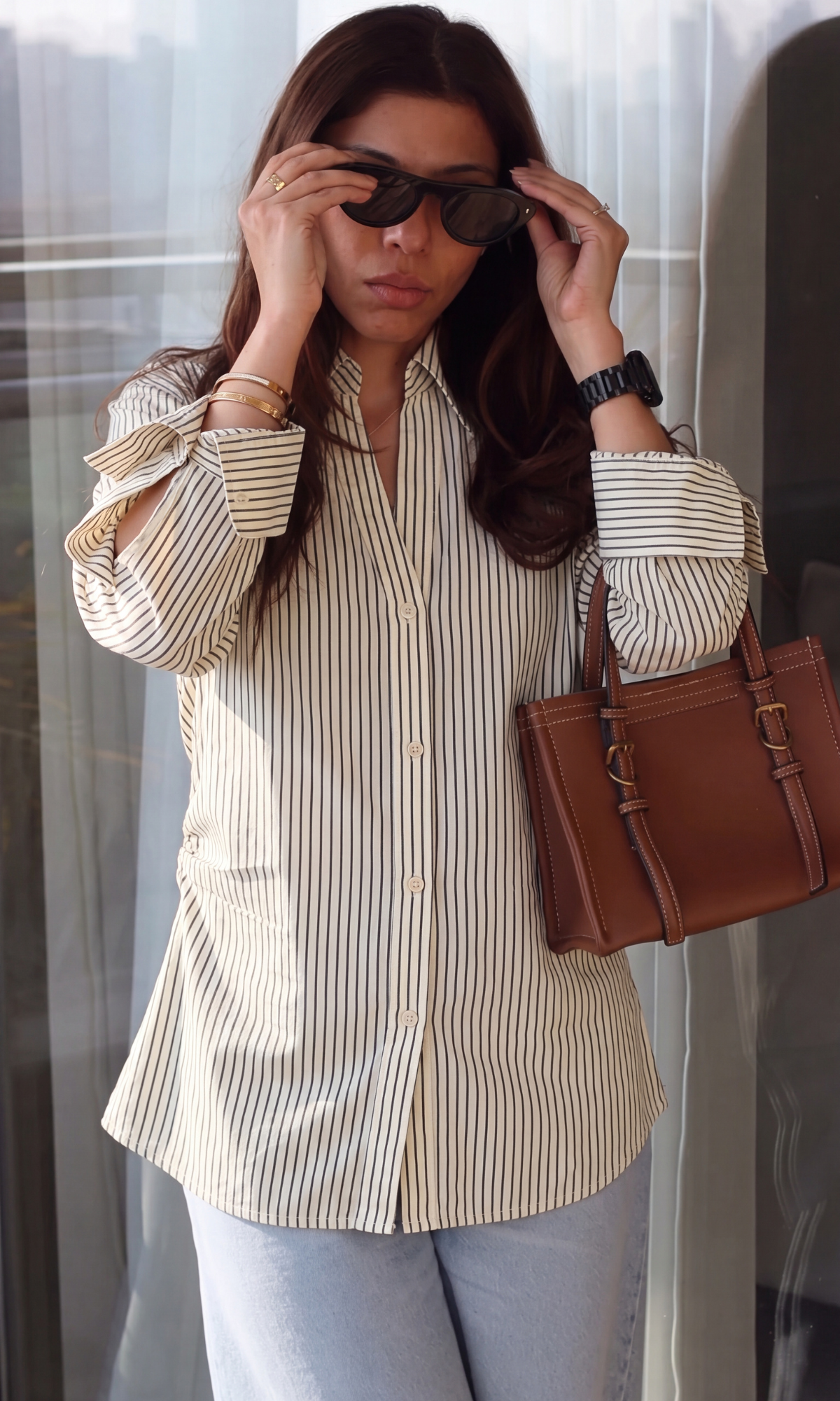 Ivory Pinstripe Side Cinch Shirt