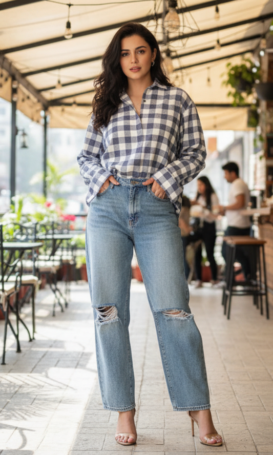 Women's indigo plaid cotton shirt featuring block check pattern