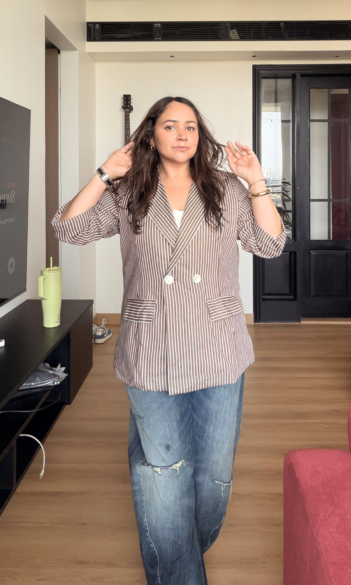 Cinnamon Pinstripe Double-Breasted Blazer