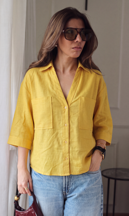 Mustard Textured Cotton Cropped Shirt