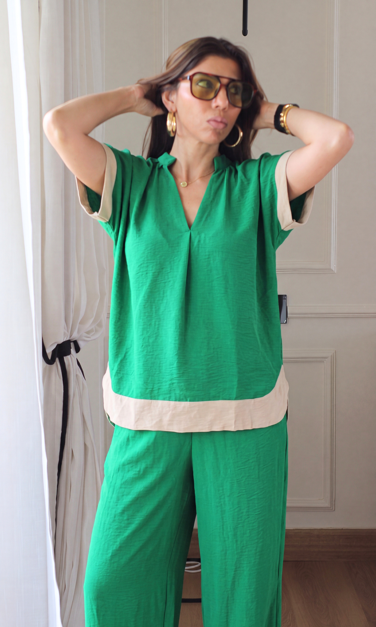 Green Contrast High-Low Hem Co-ord