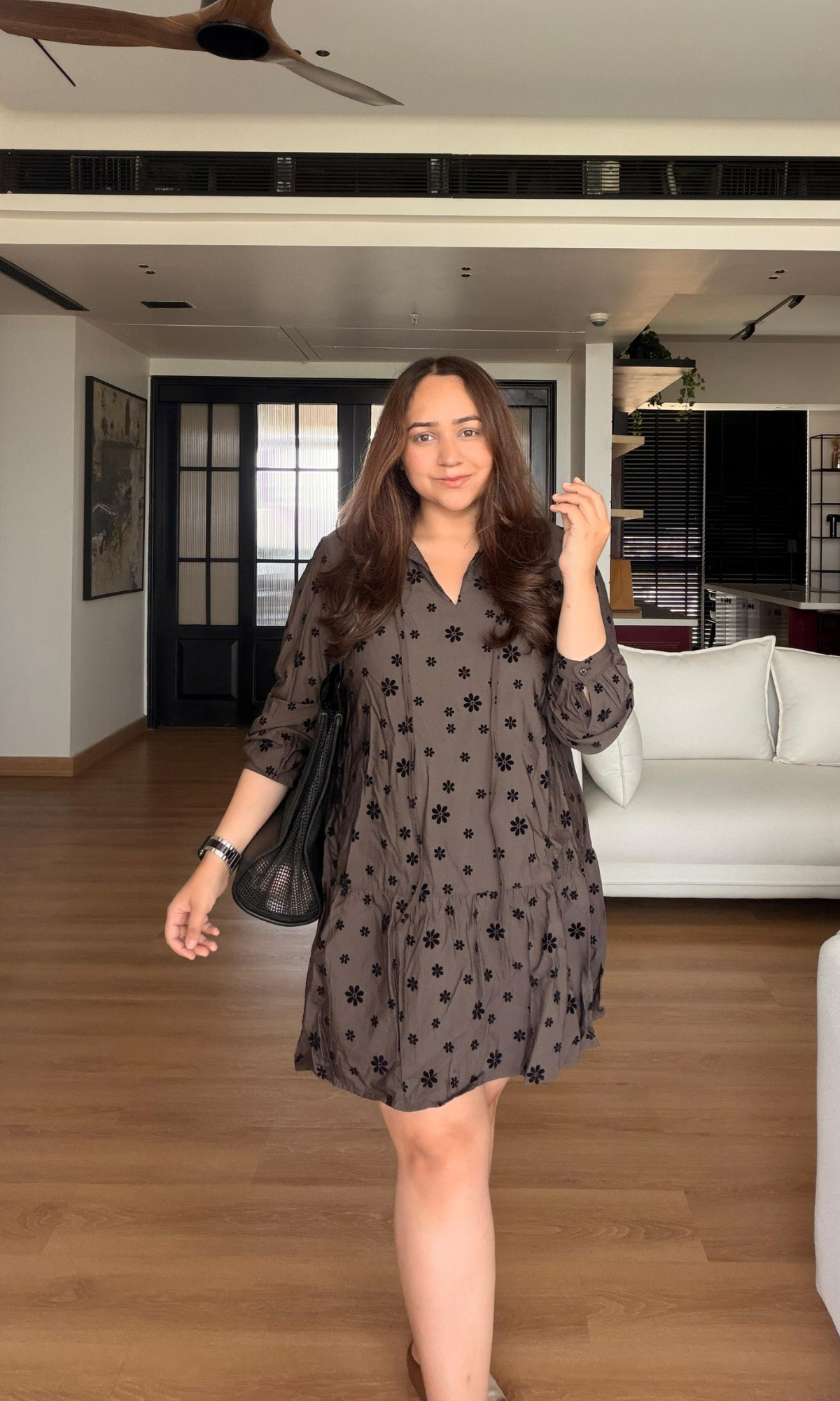 Mocha Floral Tie-Neck Dress