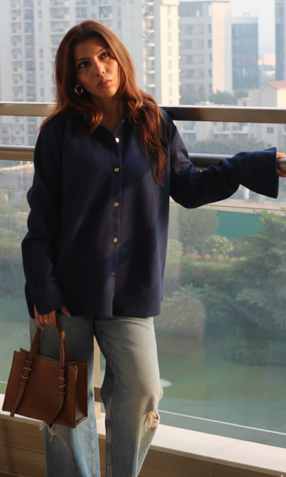 Navy Suede Metallic Buttoned Shirt