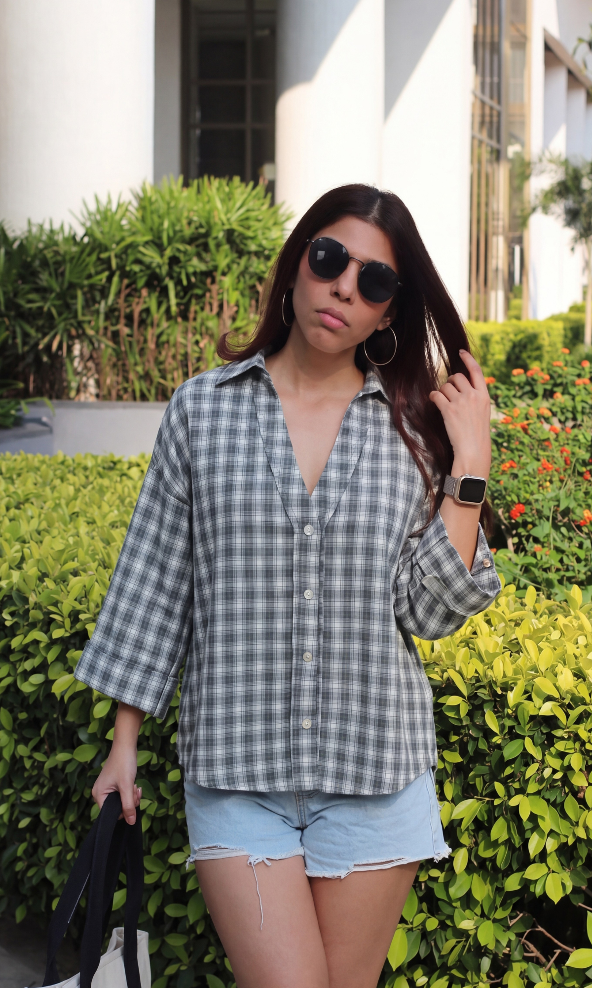 Soft Grey Checked Loose Shirt