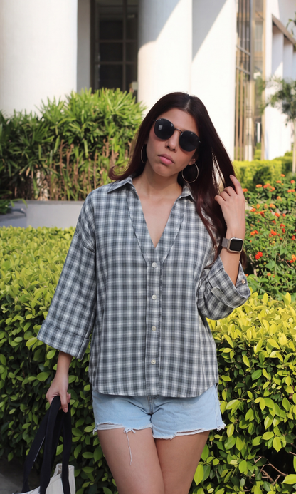 Soft Grey Checked Loose Shirt