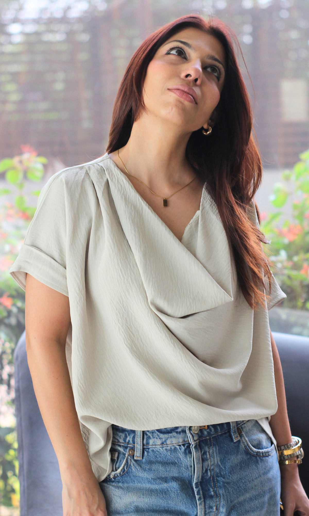 Chalk Flowing Cowl Neck Top