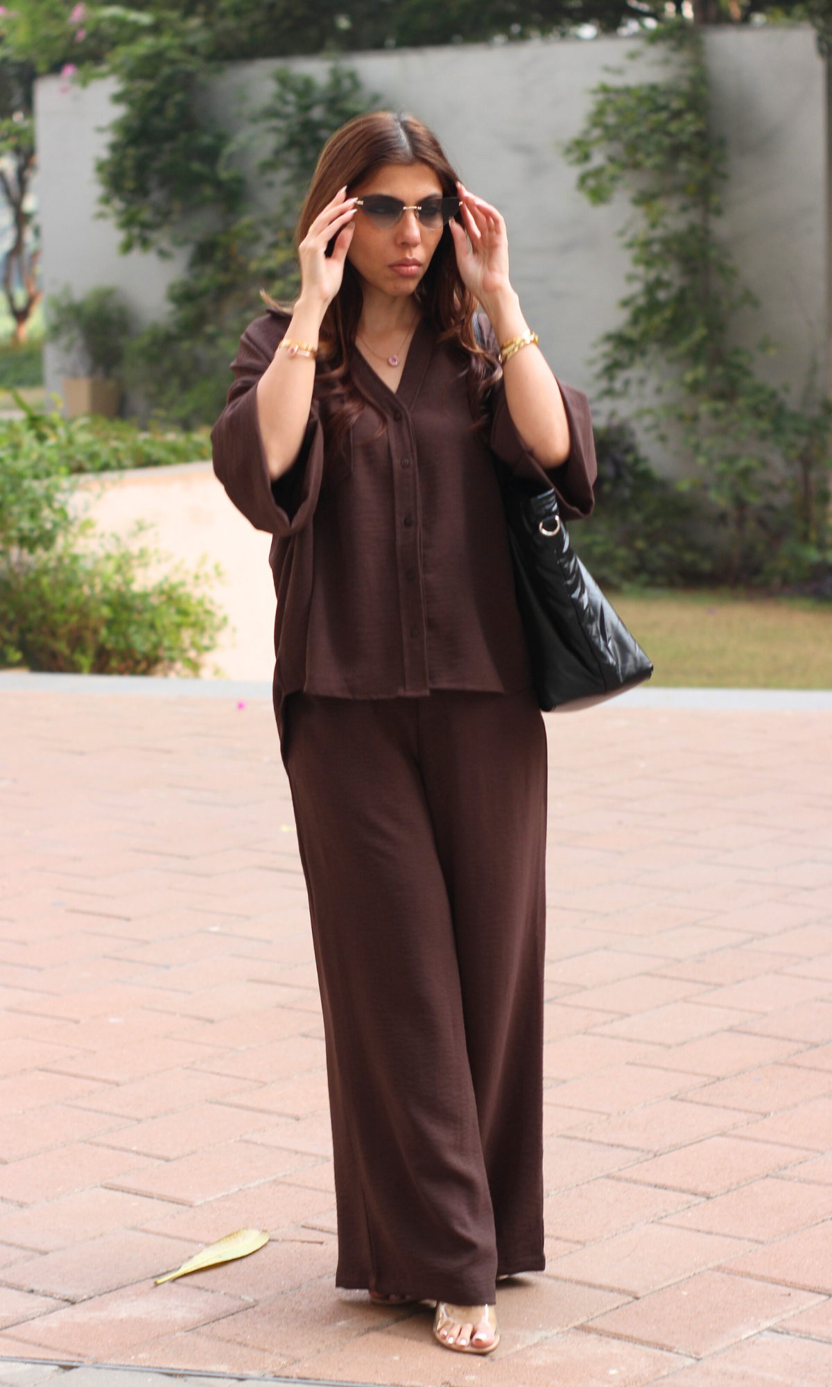 Casual dark taupe two-piece co-ord: loose shirt and flowy pant