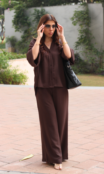 Casual dark taupe two-piece co-ord: loose shirt and flowy pant