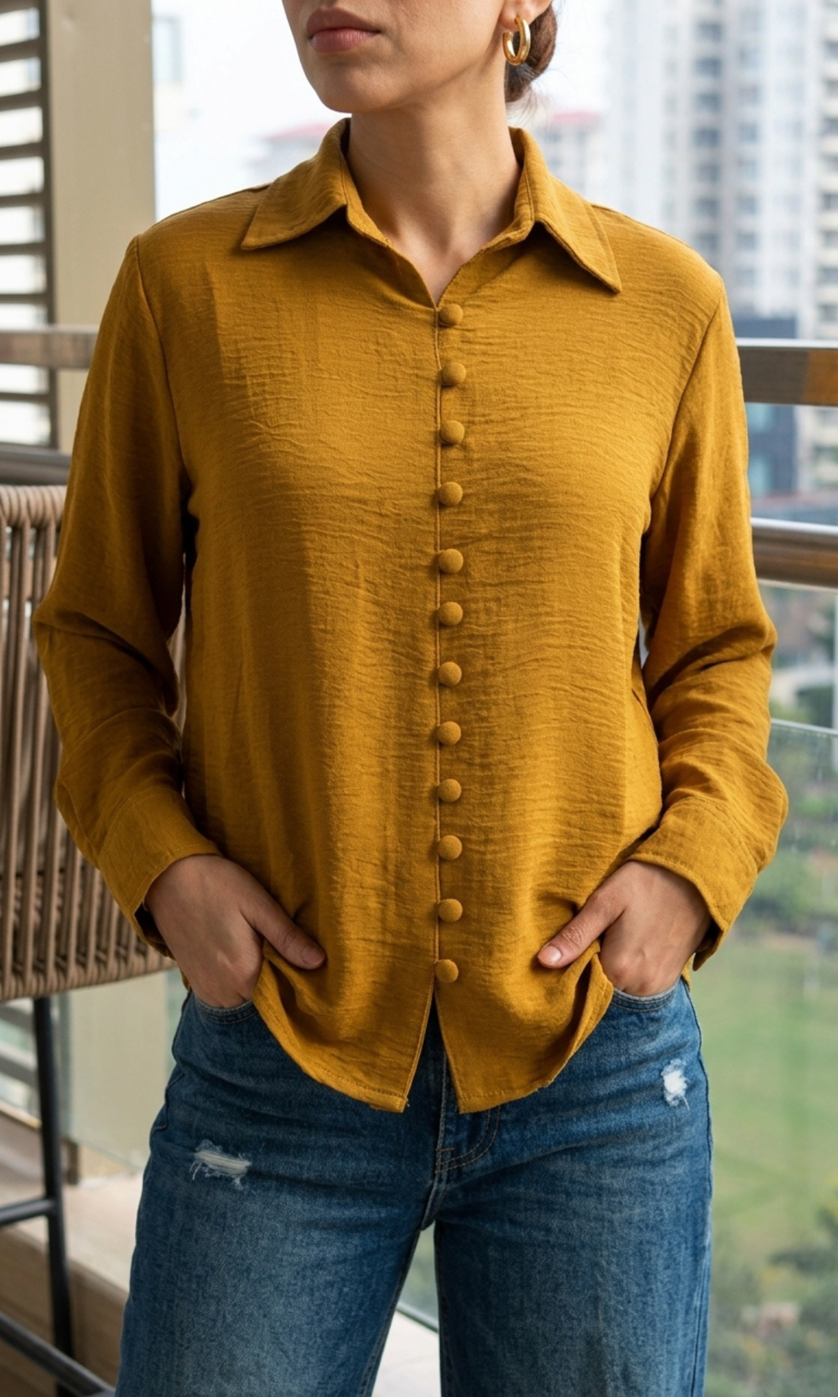Mustard Brown Buttoned Flowing Shirt