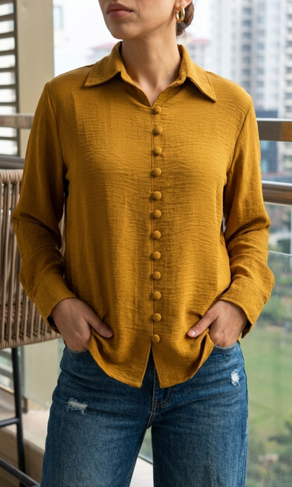 Mustard Brown Buttoned Flowing Shirt