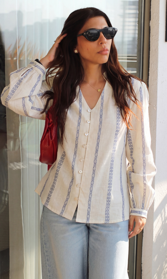 Ivory Blue Weaved Buttoned Top