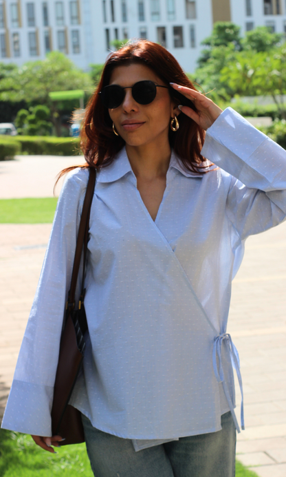 Blue-White Dobby Collared Cotton Kimono Top