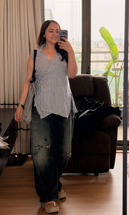 Blue Stripe Sleeveless Kimono Top