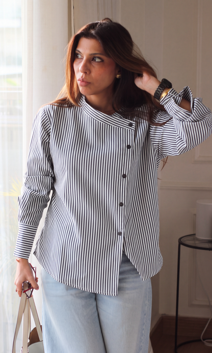 Navy & White Stripe Diagonal Placket Shirt
