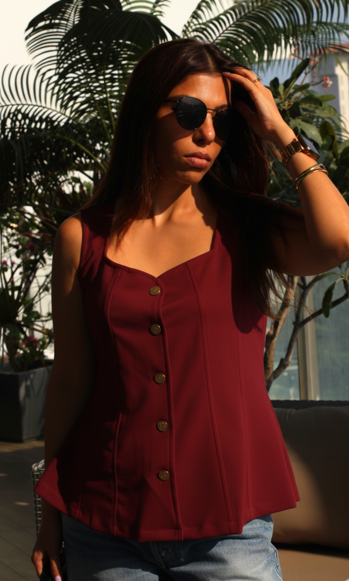 Wine Metallic Buttoned Flared Top