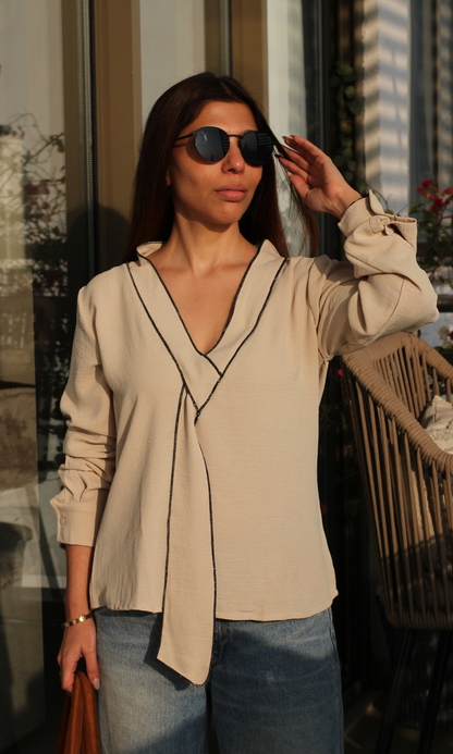 Beige-Black Knot Detail Top