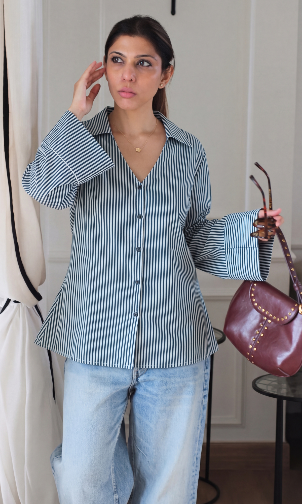 Navy Pinstripe Flared Sleeve Shirt