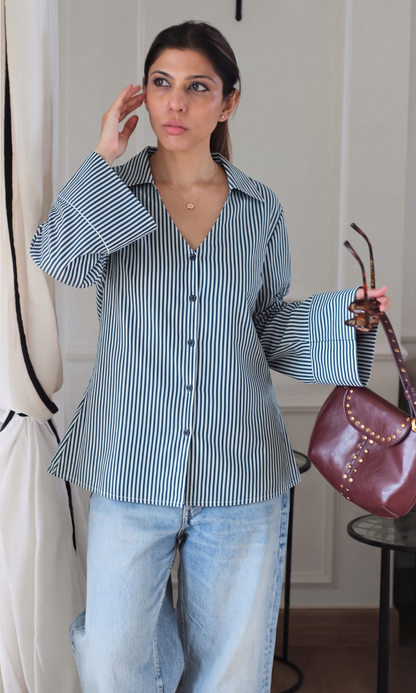 Navy Pinstripe Flared Sleeve Shirt
