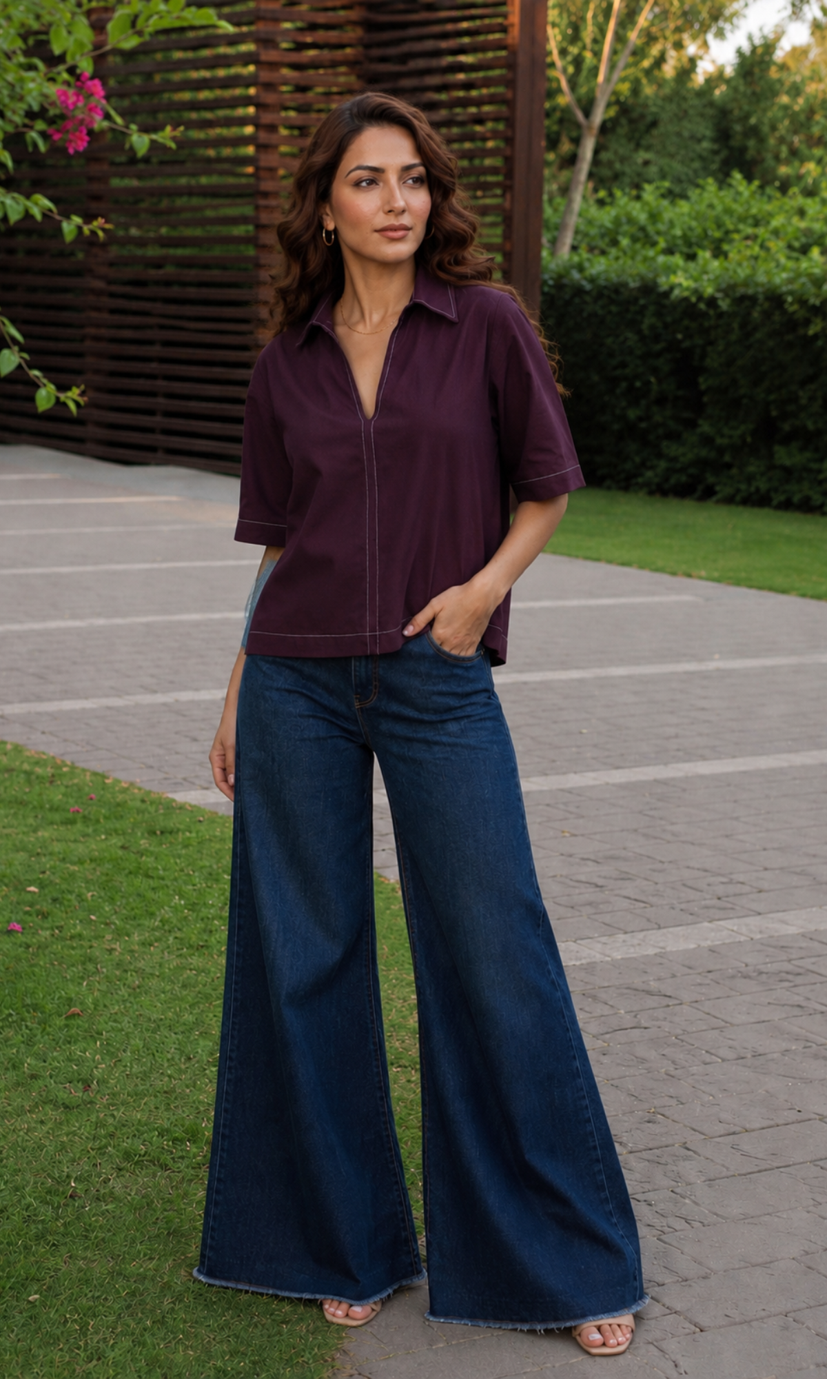 Dark Purple Contrast Stitch Boxy V-Neck Top