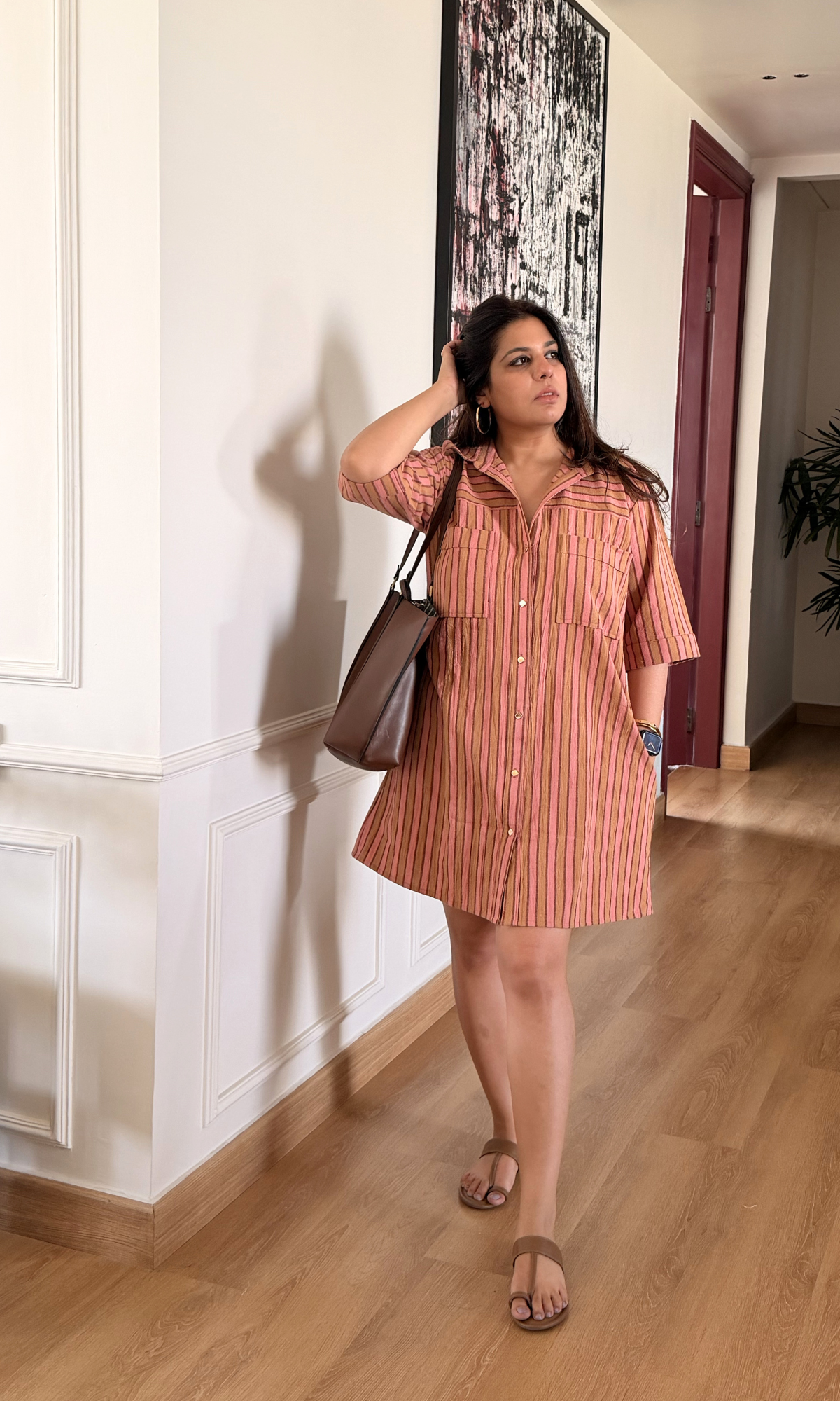 Blush Taupe Striped Shirt Dress