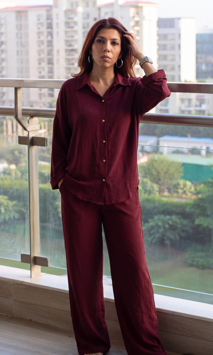 Wine Metallic-Buttoned Shirt and Pants Co-ord