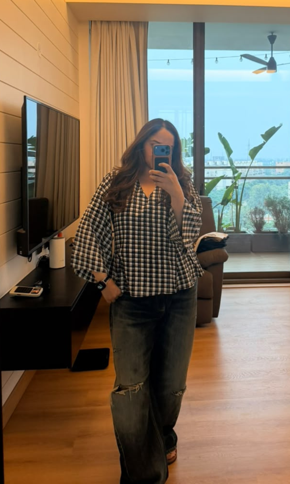 Black Plaid Cotton V-Neck Peplum Top