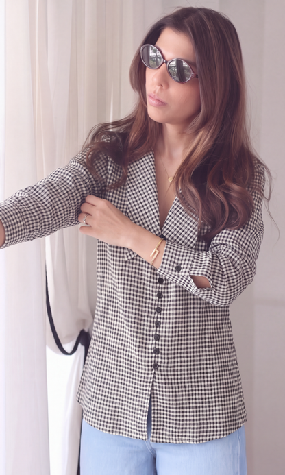 Black & Ivory Gingham Oversized Collar Shirt