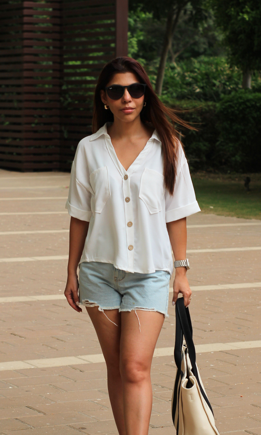 White Textured Cropped Shirt