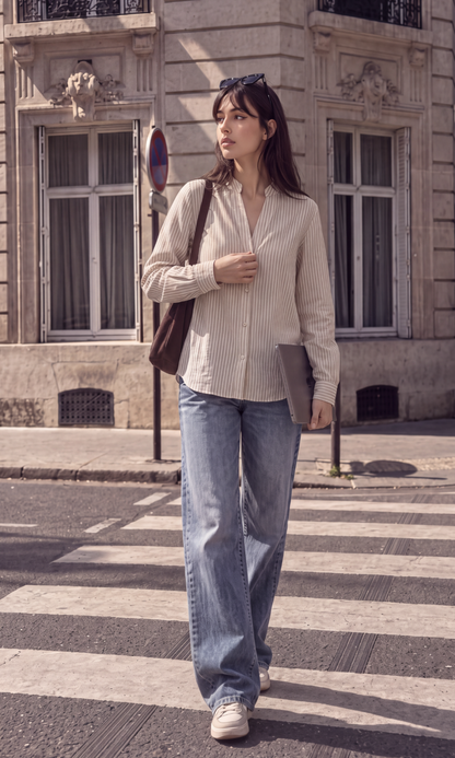 Olive Stripe Mandarin-Collar Shirt