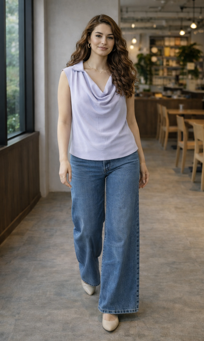 Light Lavender Collared Cowl Neck Top