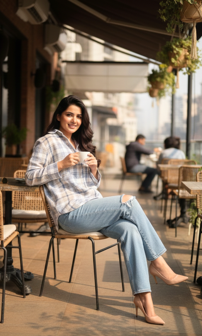 Casual blue beige checkered shirt with long sleeves