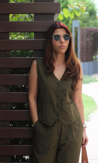 Olive Green Waist Coat and Pants Co-ord