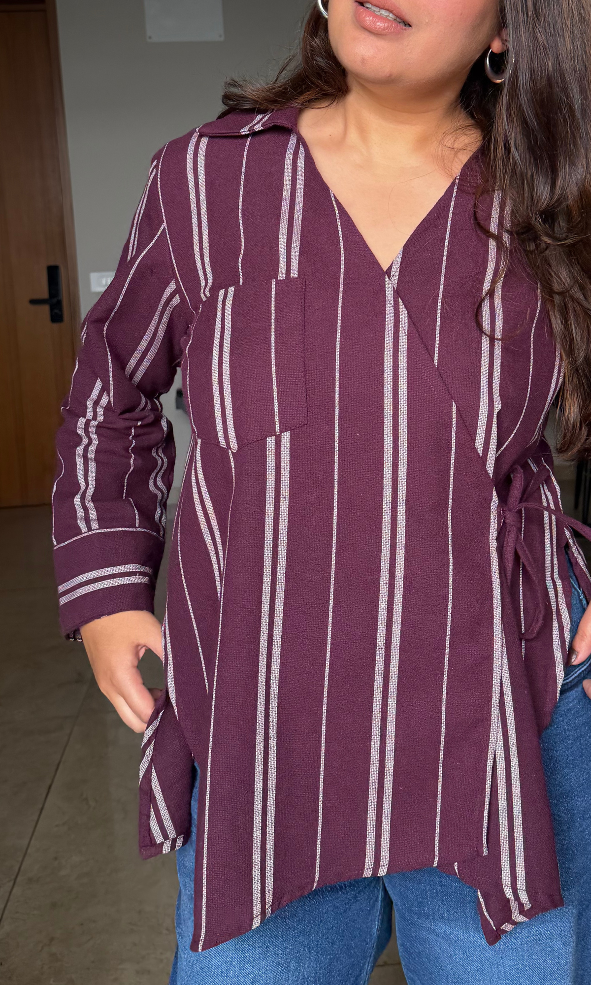 Wine Parallel Weaved Cuts Detail Kimono Top