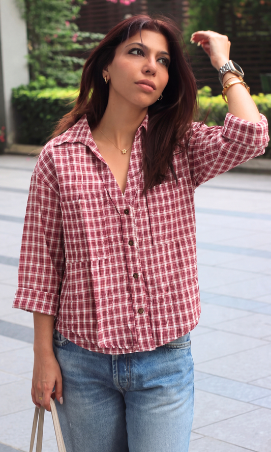 Pale Red Crinkled Checks Shirt