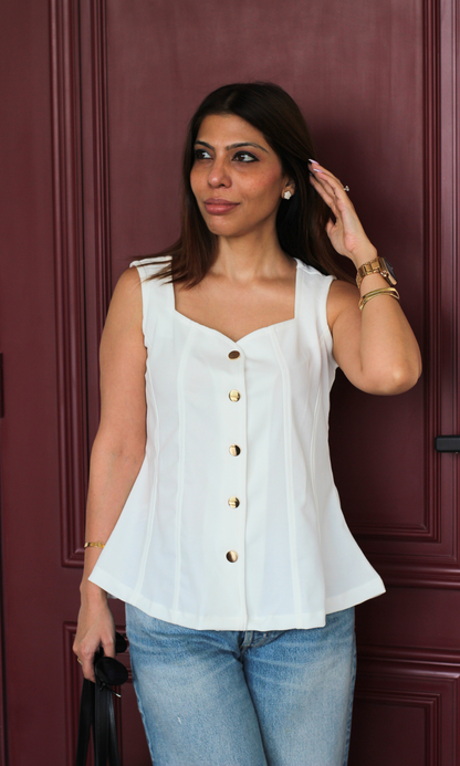 White Metallic Buttoned Flared Top