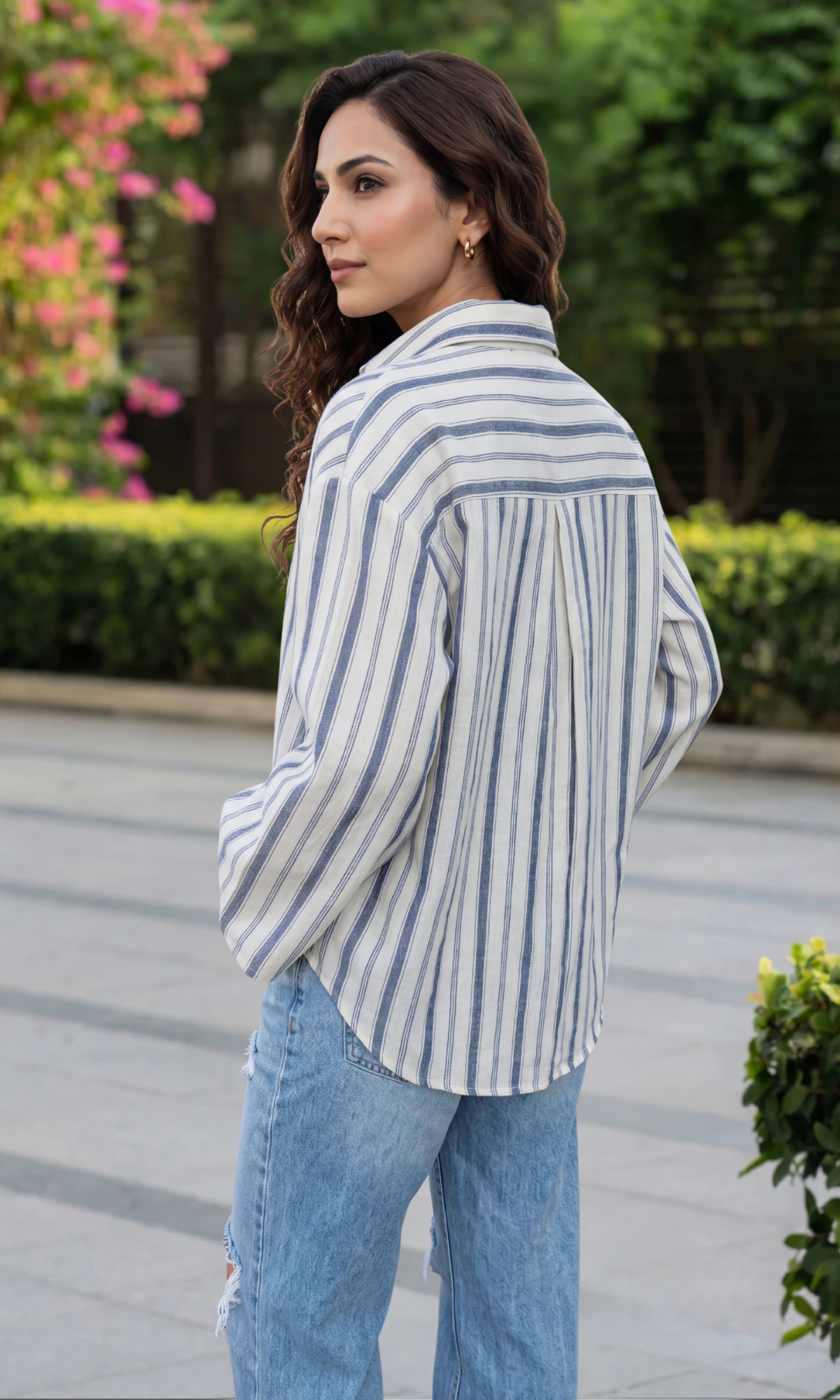 Bluish Linear Flared Sleeve Shirt