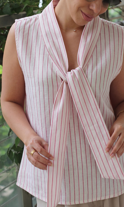 Blush Pink Striped Tie Detail Top