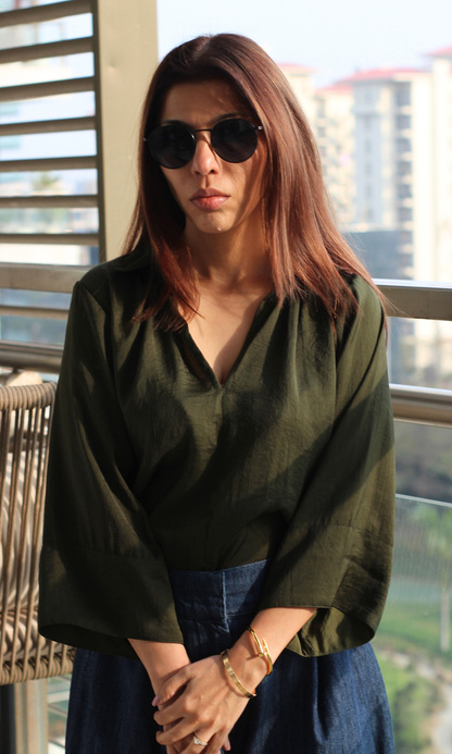 Forest Green Sheen Collared Top