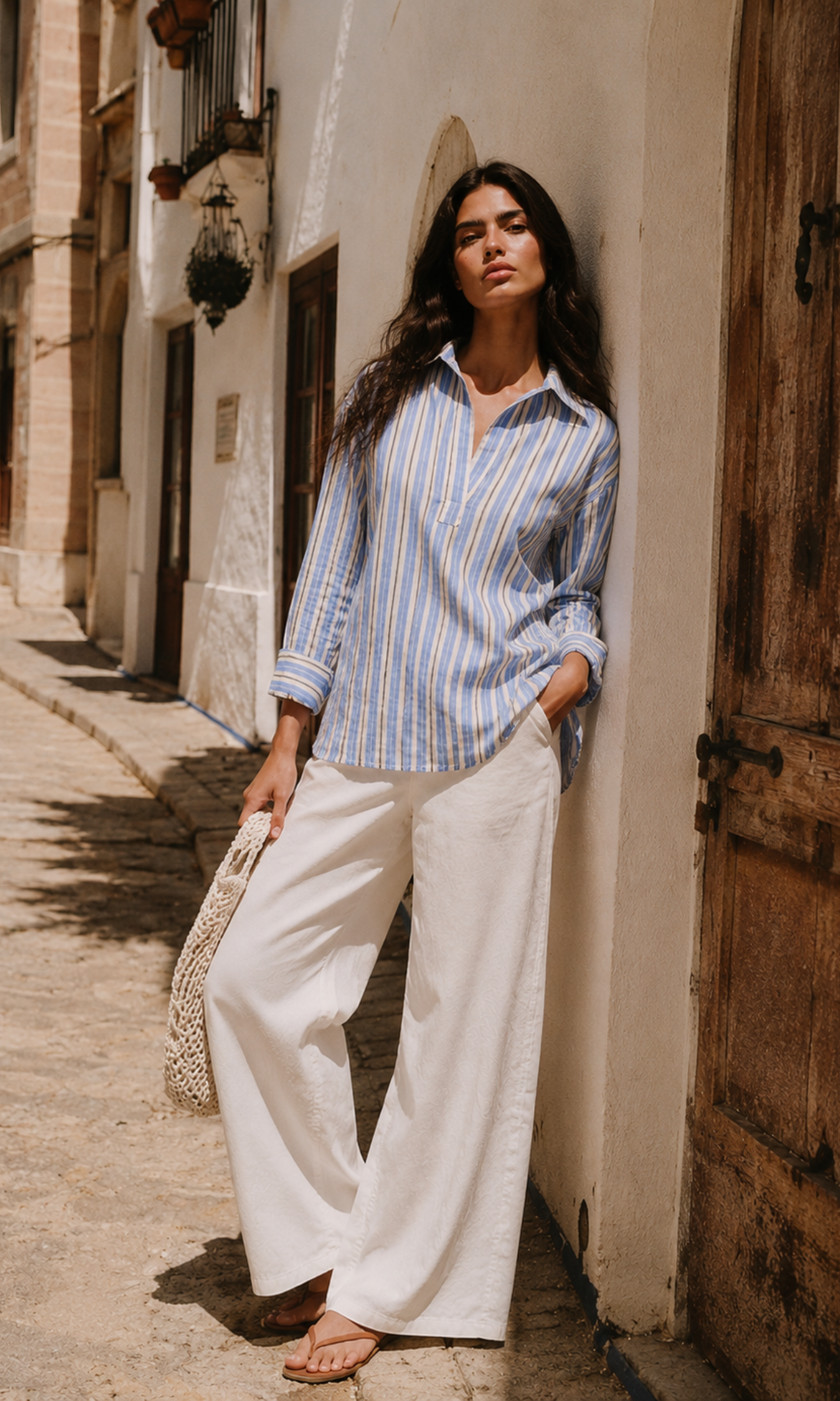 Ivory Blue Stripe Popover Top
