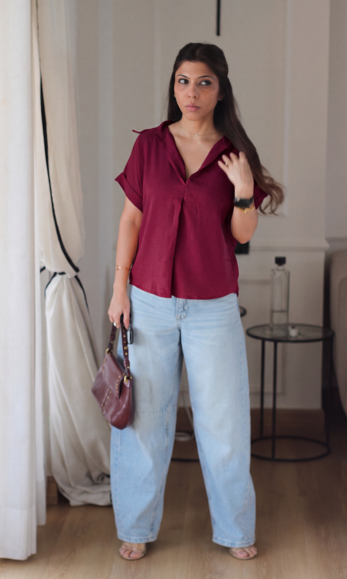 Cranberry Gathered V-Neck Top