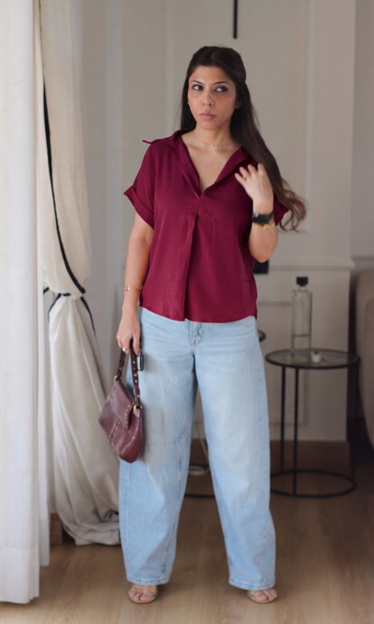 Cranberry Gathered V-Neck Top