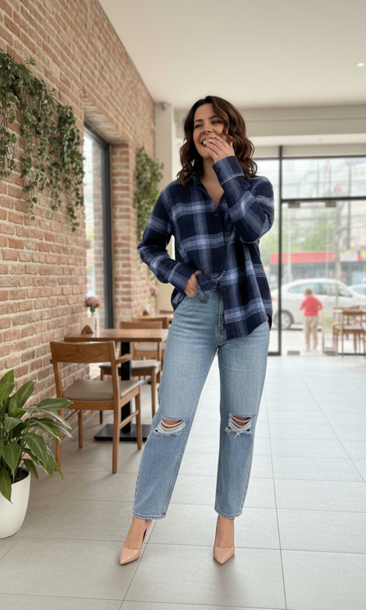 Denim blue block plaid checked shirt for women with button-down front