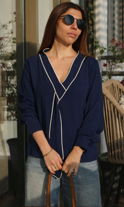 Navy Blue-Beige Knot Detail Top