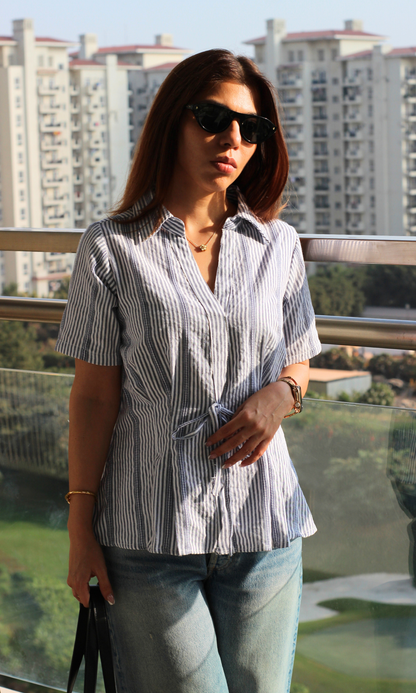 Blue Dobby Tie Detail Top