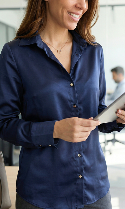 Navy Satin Metallic Buttoned Shirt