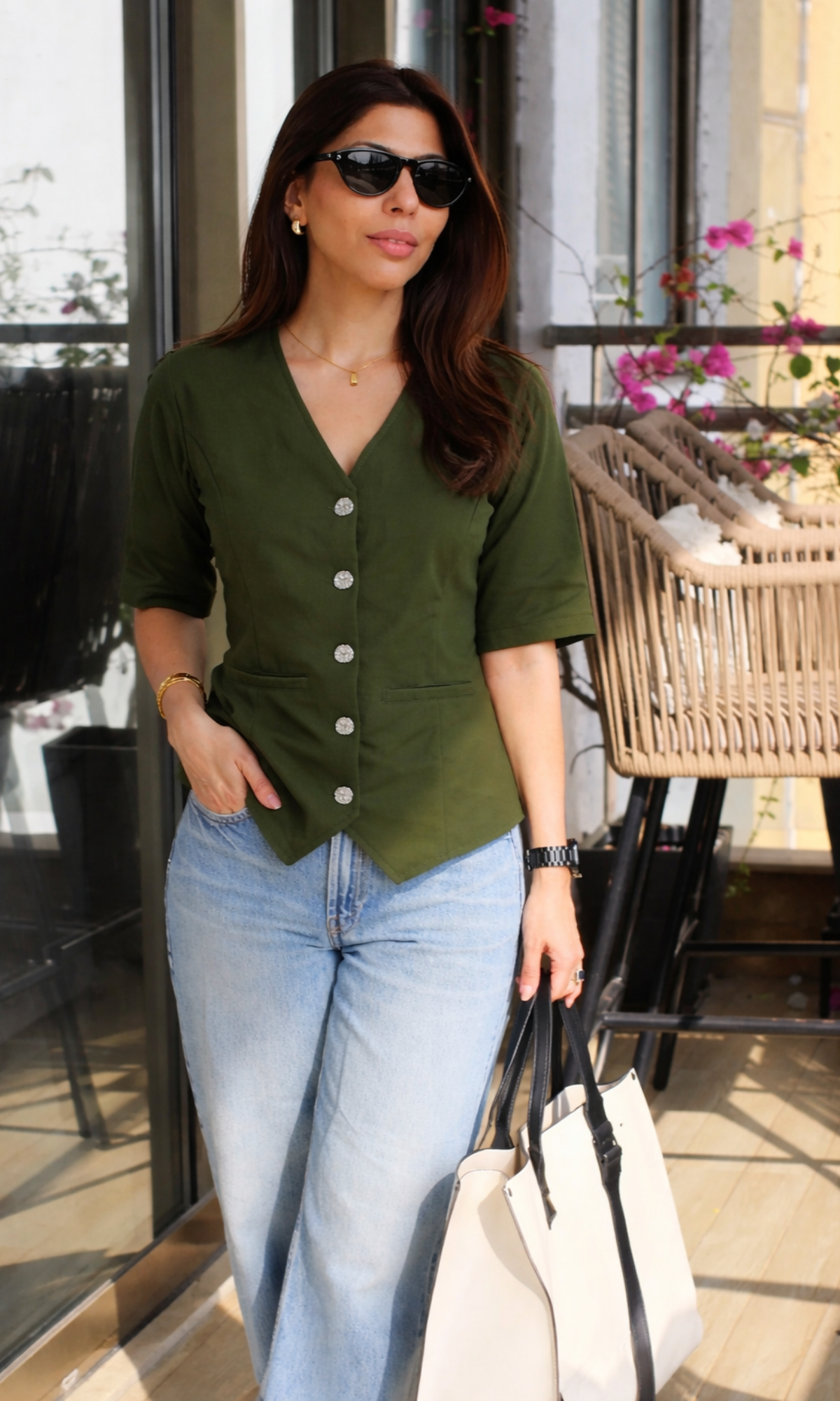 Olive Sleeved Metallic Buttoned Waist Coat