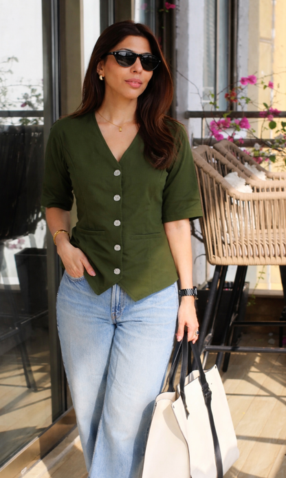 Olive Sleeved Metallic Buttoned Waist Coat