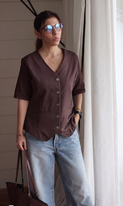 Brown Twill Gold-Button Sleeved Waistcoat